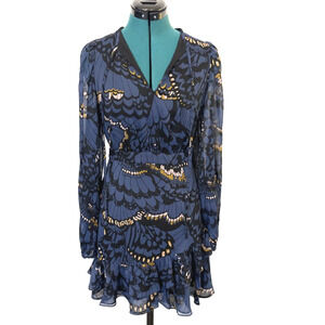 Ted Baker London Pollei Ruffle Navy Printed Mini Dress Long Sleeve Sz TB 1/US 4